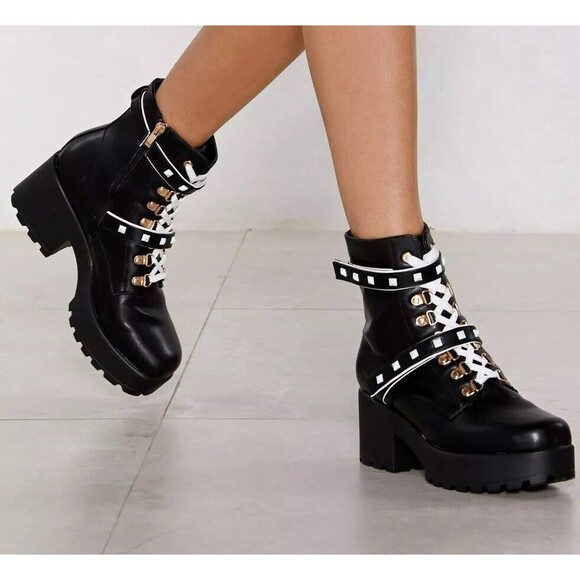 Koi Footwear Platform Boots UK Size 5 US Size 7 Stud Straps Black Lace up Zip - Picture 1 of 7